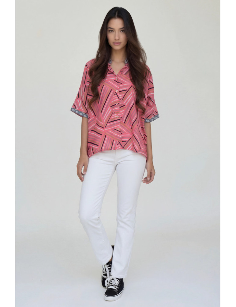 Women Shirt Pink Body Grey Border Geometric Pattern Katha Patch
