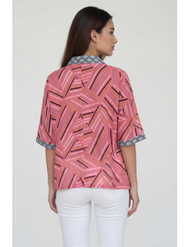 Women Shirt Pink Body Grey Border Geometric Pattern Katha Patch