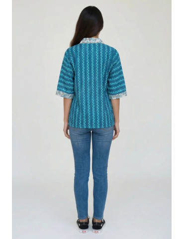 Women Shirt Blue Geometric Patten Body with Floral Design Patch Work