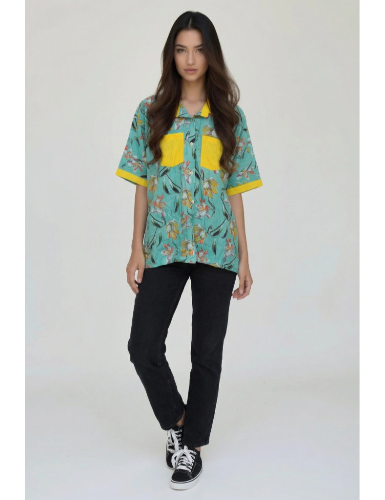 Women Shirt Light Green Floral Body Lite Yellow Patch Work