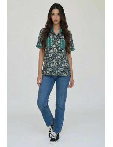 Women Shirt Dark Blue Floral Work Buttle Green Patch Work