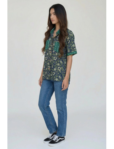 Women Shirt Dark Blue Floral Work Buttle Green Patch Work