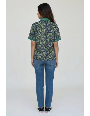 Women Shirt Dark Blue Floral Work Buttle Green Patch Work
