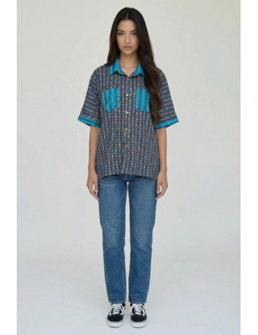 Women Shirt Navy Blue Body Geometric Patten Blue Patch Work