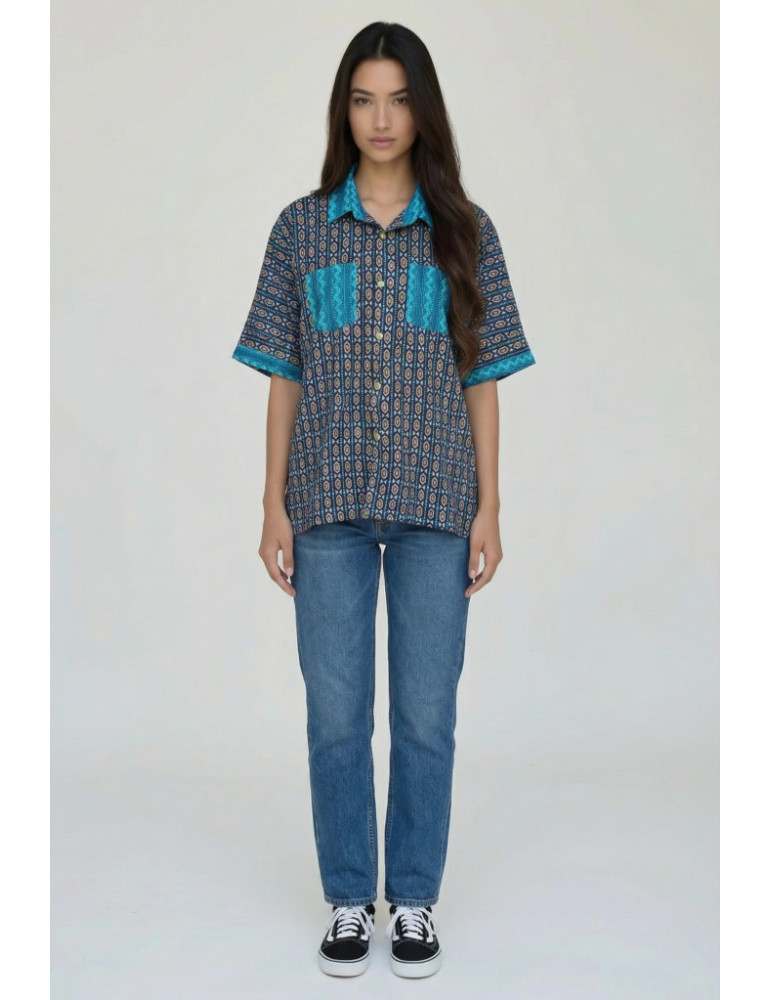 Women Shirt Navy Blue Body Geometric Patten Blue Patch Work