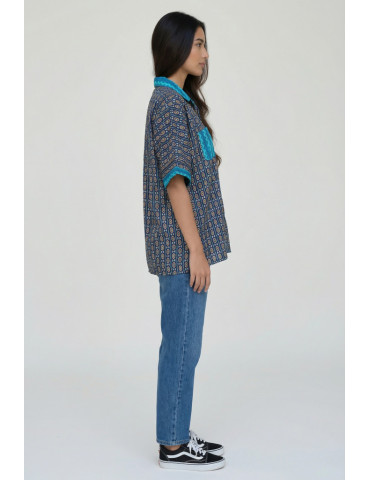 Women Shirt Navy Blue Body Geometric Patten Blue Patch Work