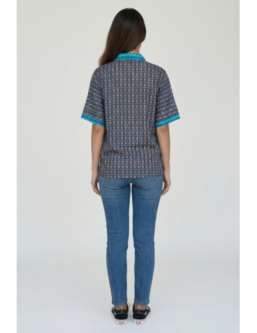 Women Shirt Navy Blue Body Geometric Patten Blue Patch Work