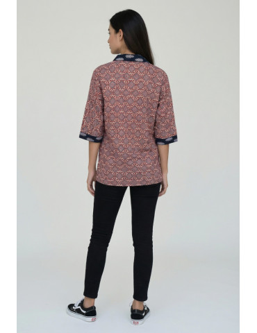 Women Shirt Brown Ajrakh Patten Body with Black Ajrakh Patch Work