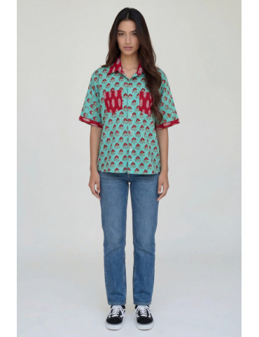 Women Shirt Light Green Block Print Floral Body with Maroon Ajrakh Patch Work