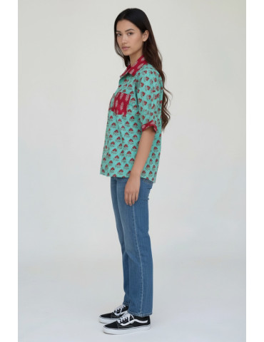 Women Shirt Light Green Block Print Floral Body with Maroon Ajrakh Patch Work