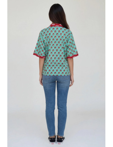 Women Shirt Light Green Block Print Floral Body with Maroon Ajrakh Patch Work