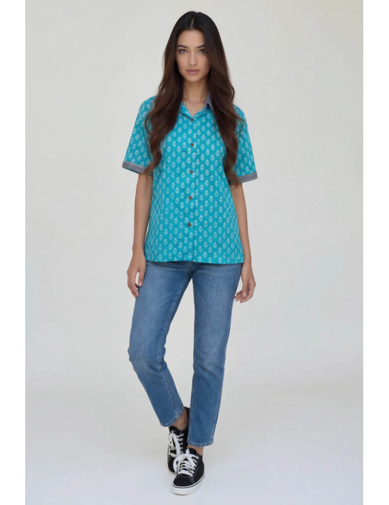 Women Shirt Light Blue Katha Stitch Body with Grey Border and Patch Work
