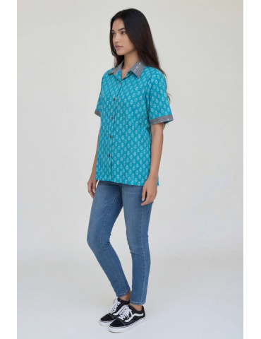 Women Shirt Light Blue Katha Stitch Body with Grey Border and Patch Work