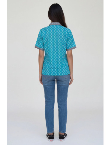 Women Shirt Light Blue Katha Stitch Body with Grey Border and Patch Work