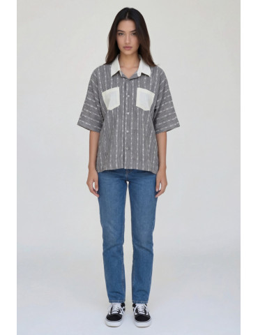 Women Shirt Grey Handloom Body with White Patch Work