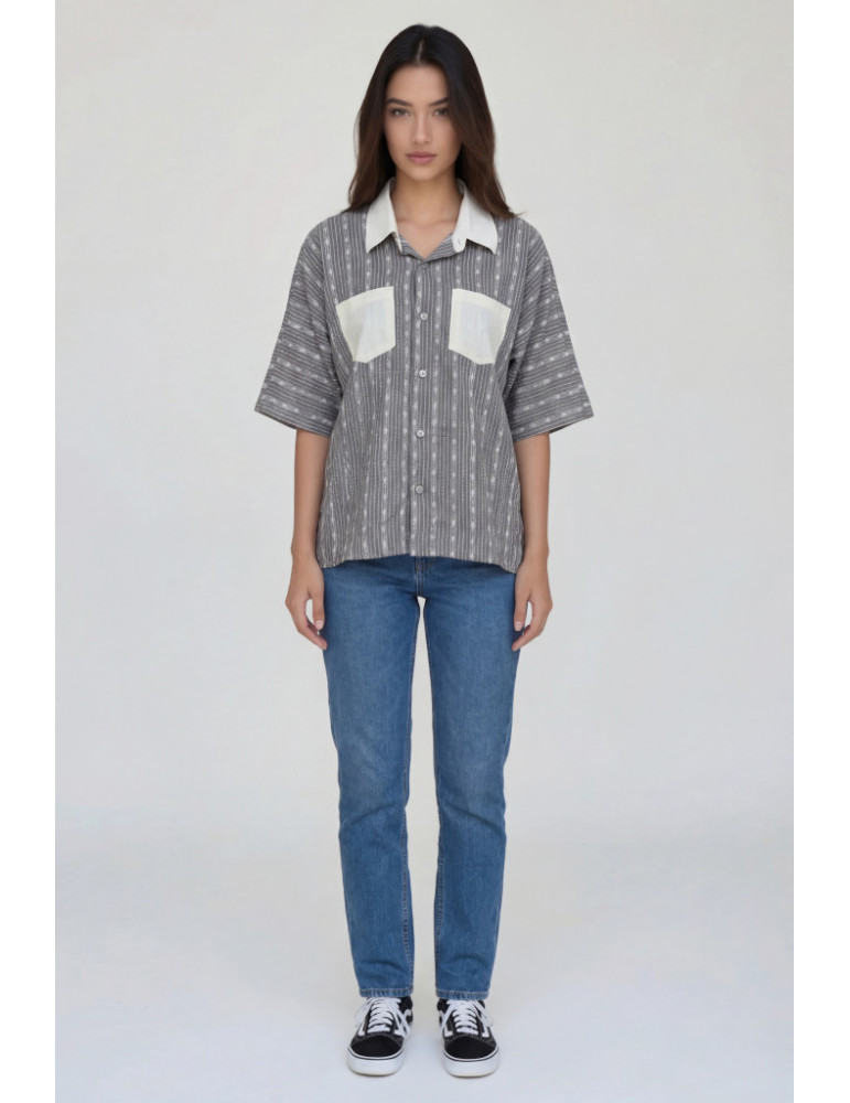 Women Shirt Grey Handloom Body with White Patch Work