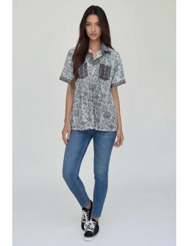 Women Shirt White Floral Body with Grey Patch Work