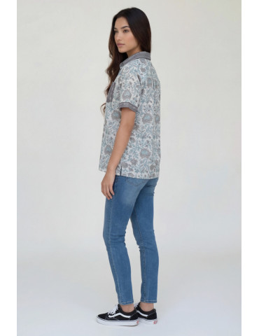 Women Shirt White Floral Body with Grey Patch Work