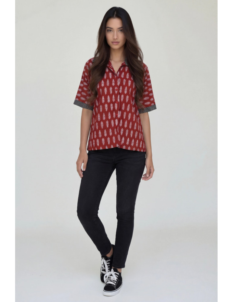 Women Shirt Maroon Block Print Body with Black Dot Patch Work