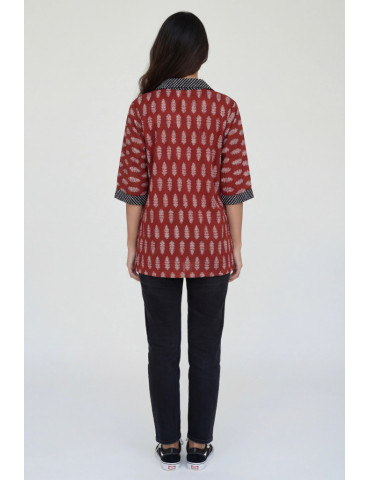 Women Shirt Maroon Block Print Body with Black Dot Patch Work