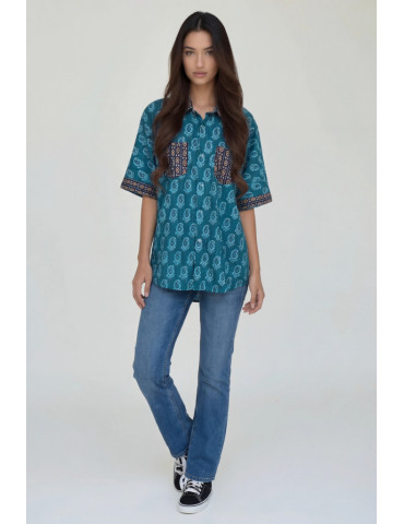 Women Shirt Teal Floral Body with Navy Blue Geometric Patch Work