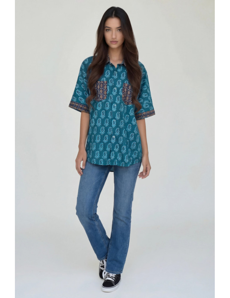 Women Shirt Teal Floral Body with Navy Blue Geometric Patch Work