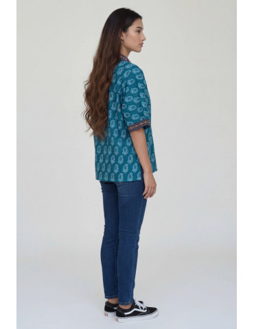 Women Shirt Teal Floral Body with Navy Blue Geometric Patch Work