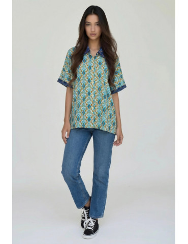 Women multi color Shirt Lite Body with Geometric Pattern and Blue Patch Work