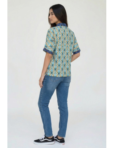 Women multi color Shirt Lite Body with Geometric Pattern and Blue Patch Work