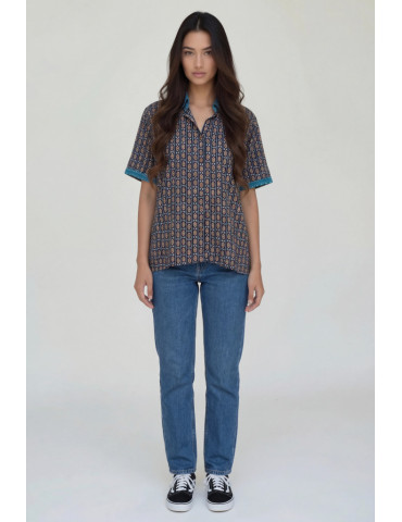 Women Shirt Navy Blue Body Geometric Patten Teal Patch Work