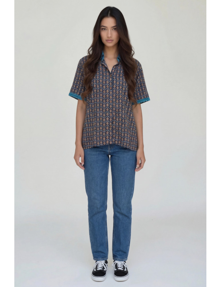 Women Shirt Navy Blue Body Geometric Patten Teal Patch Work