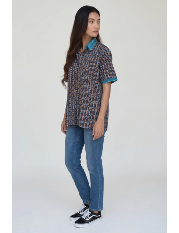 Women Shirt Navy Blue Body Geometric Patten Teal Patch Work