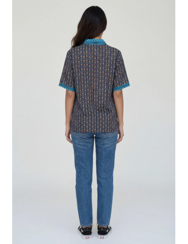 Women Shirt Navy Blue Body Geometric Patten Teal Patch Work