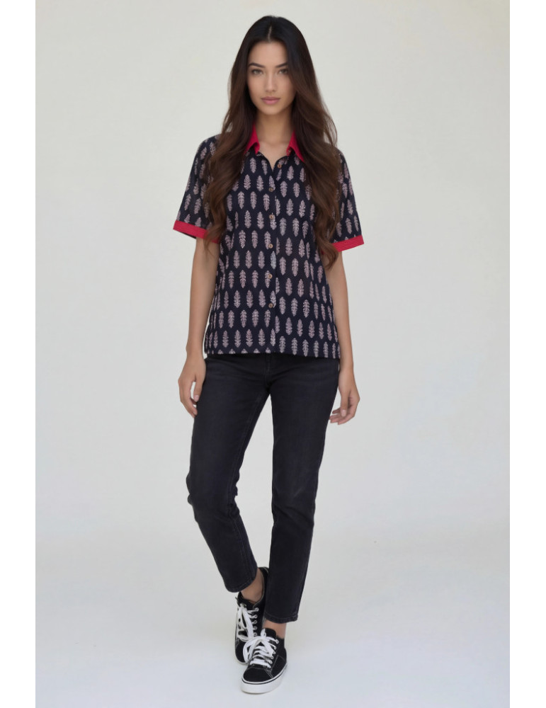 Women Shirt Navy Blue Ajrakh Design with Red Patch Work