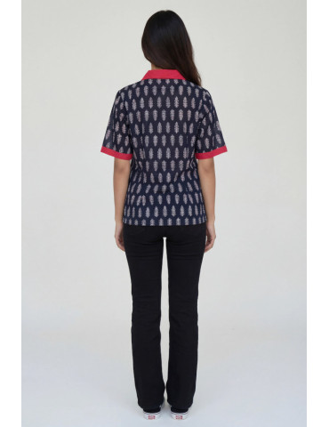 Women Shirt Navy Blue Ajrakh Design with Red Patch Work