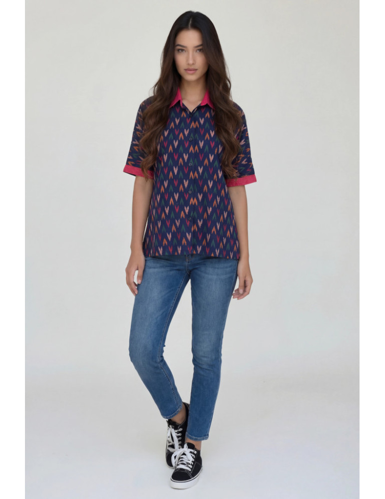 Women Shirt Blue Ikkat Print Multi Color Body with Red Patch Work