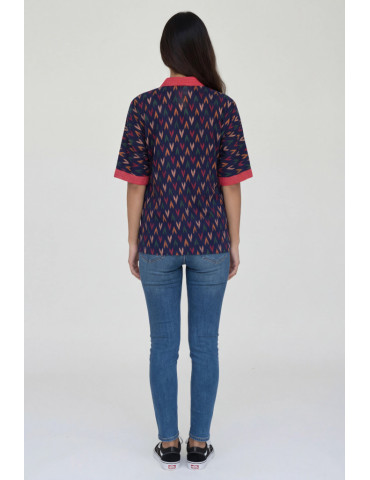 Women Shirt Blue Ikkat Print Multi Color Body with Red Patch Work