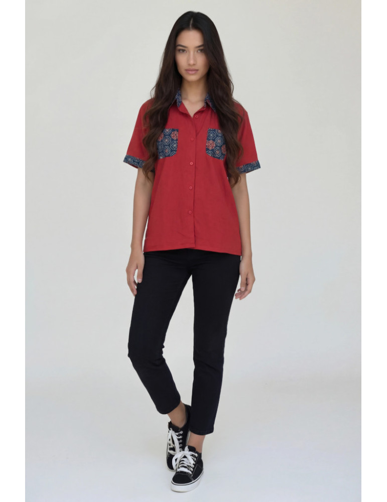 Women Shirt Brown Color Body with Ajrakh Print Patch Work