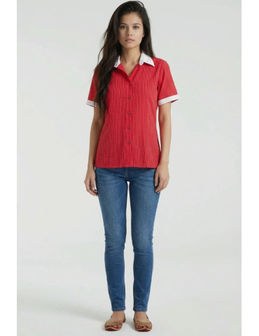 Women Shirt Red Katha Stitch Body with White Colar and Patch Work
