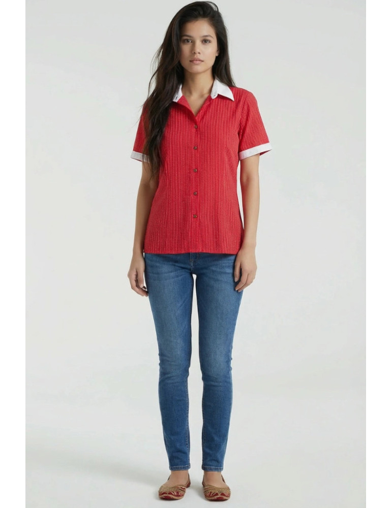 Women Shirt Red Katha Stitch Body with White Colar and Patch Work