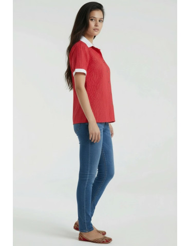 Women Shirt Red Katha Stitch Body with White Colar and Patch Work