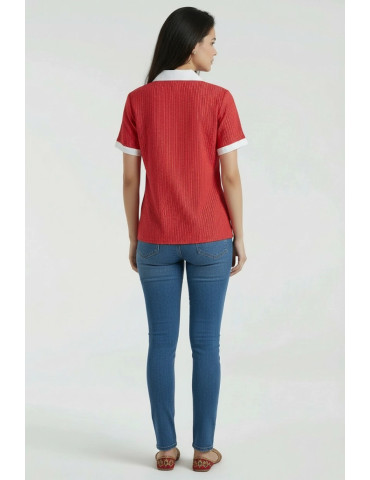 Women Shirt Red Katha Stitch Body with White Colar and Patch Work