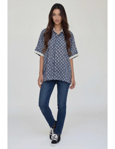 Women Handloom Cotton Floral Block Print Shirt