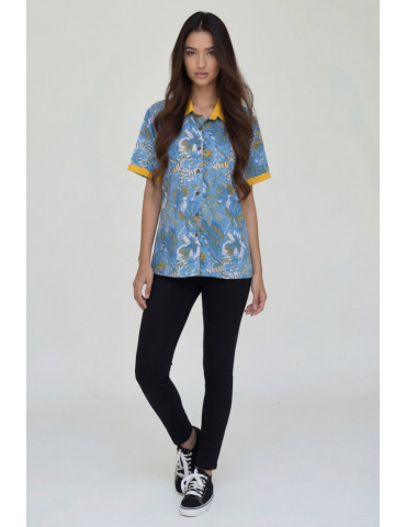 Women Shirt Sky Blue Body With Mustard Yellow Multicolor collar