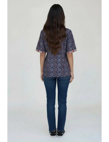 Women Shirt Deep Navy Blue Body With Block Print Pattern
