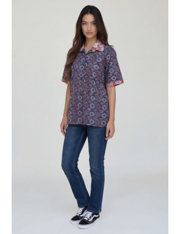 Women Shirt Deep Navy Blue Body With Block Print Pattern