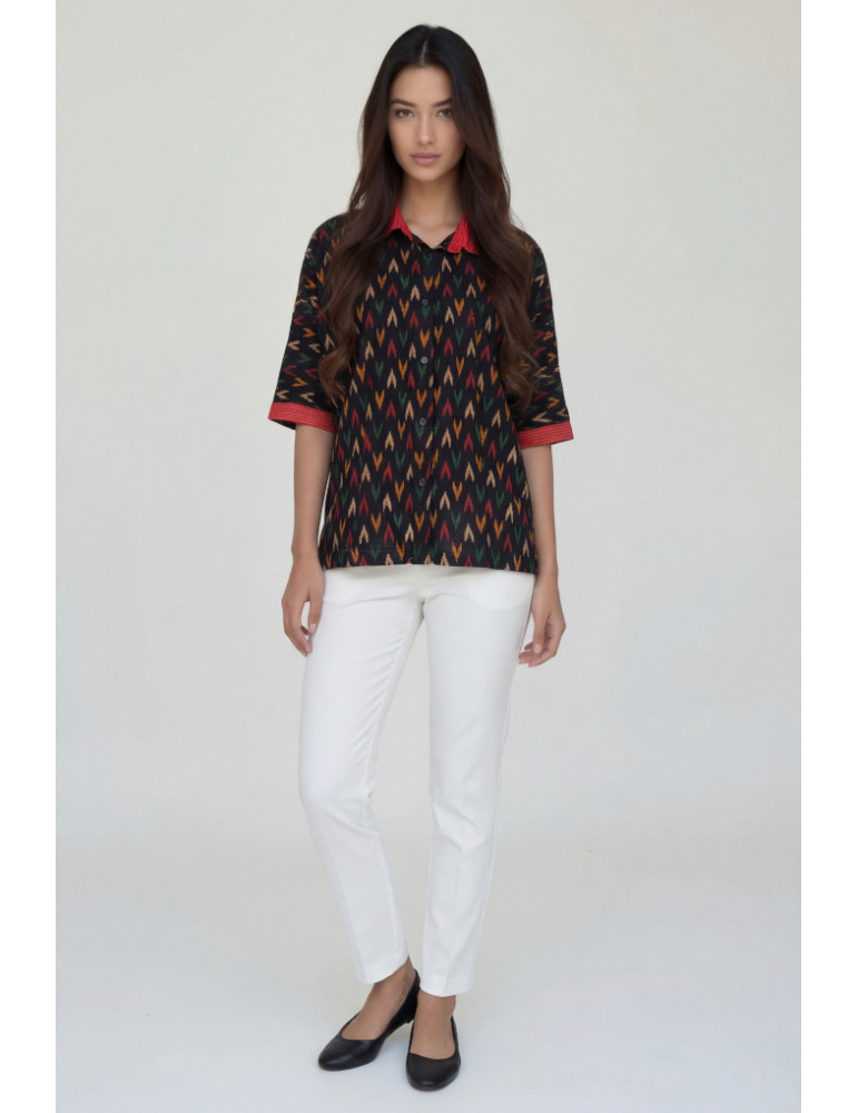 Women Handloom Shirt Deep Black With Multicoloured Ikkat