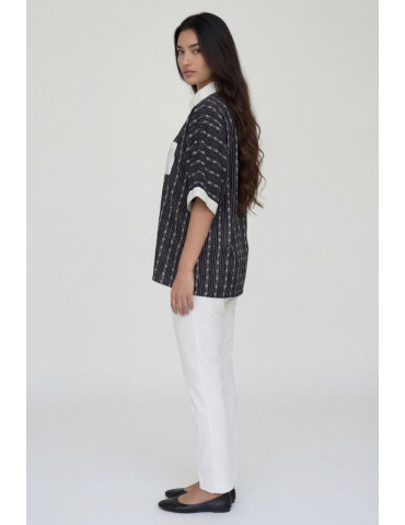 Women Ikkat Shirt Black Body With Grey -White Line Vertical Pattern