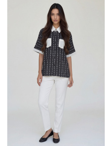 Women Ikkat Shirt Black Body With Grey -White Line Vertical Pattern