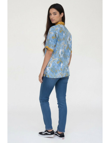 Women Shirt Sky Blue Body With Mustard Yellow Botanical Pattern